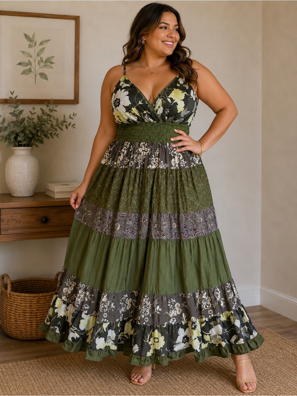 Magic Olive Floral Tiered Maxi Dress -Boho - Whimsical